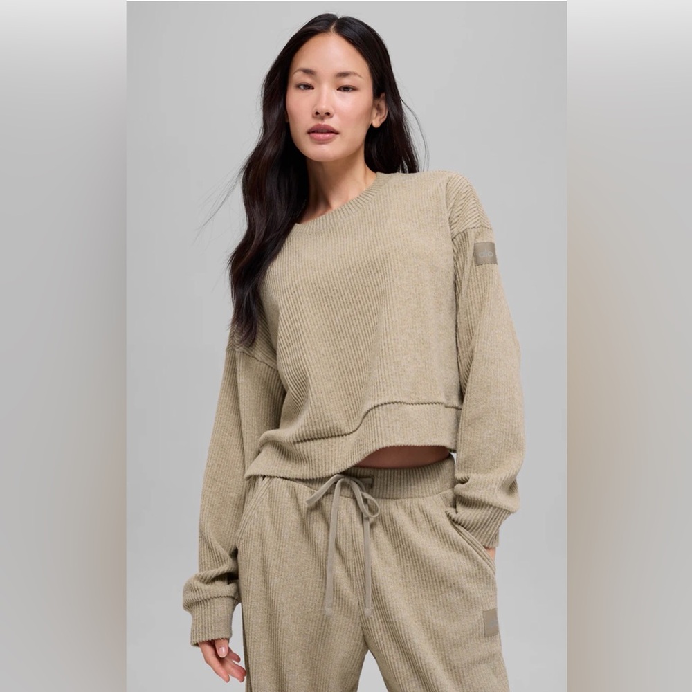 Alo Yoga Muse Ribbed Set Size S Crew Pullover + Wide Leg Pant Gravel Heather - Picture 2 of 11